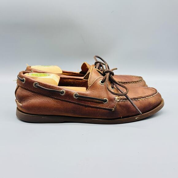 GH Bass & Co Shoes Mens 9 Wide Brown Leather Hampton Boat Deck Eye Moc Toe VTG - Picture 1 of 11